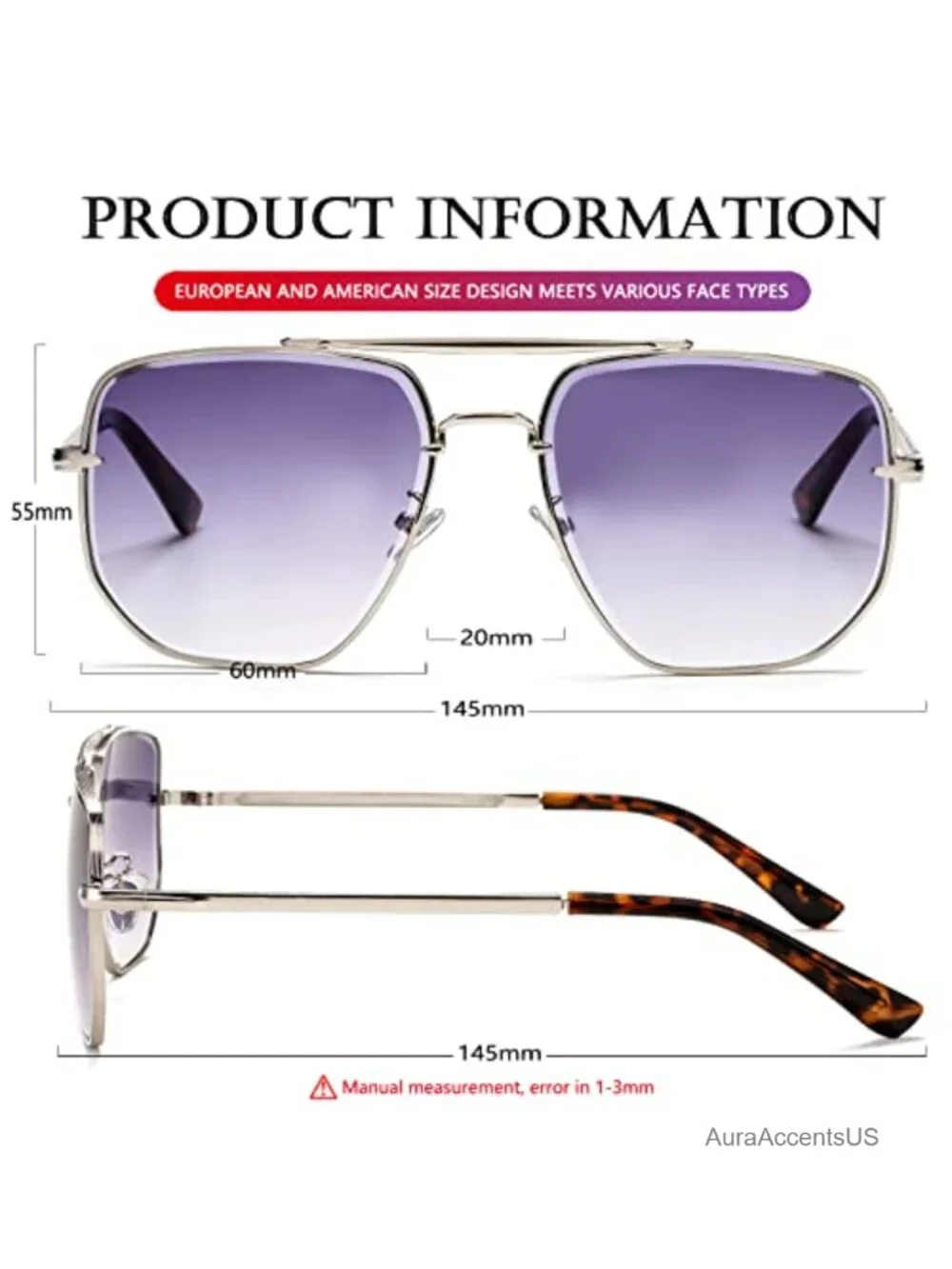 Oversized Square Aviator Sunglasses UV400 Gradient Pilot Shades Unisex